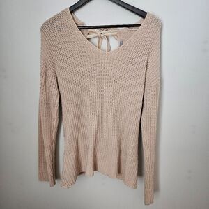 Charlotte Russe Sweater Cream Tie Open Back Ribbon Knit Casual Neutral Tan